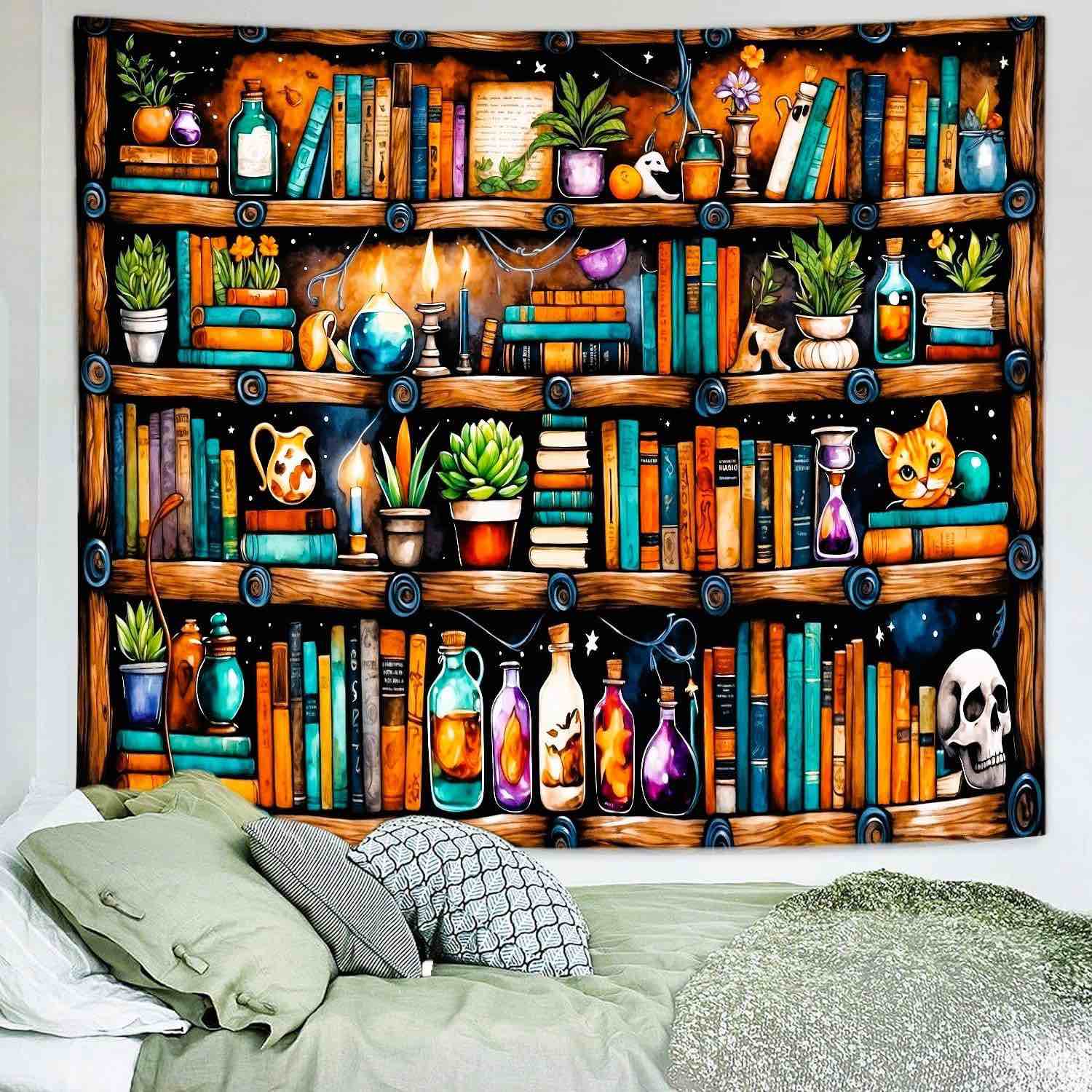 Delur Bookshelf Tapestry Magical Book Library Vintage Botanical Hippie Goth Skull Tapestry Colorful 