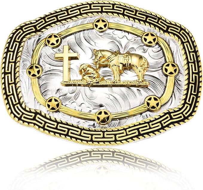 BBOTEN Western Belt Buckle for Men, Celtic Cross Horse Cowboy Belt Buckle, Golden Large Belt Buckles