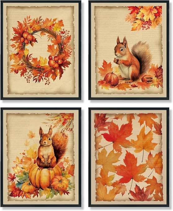 ULEGIE Vintage Fall Wall Art Prints Set of 4, Fall Forest Wall Decor, Thanksgiving Thankful Grateful