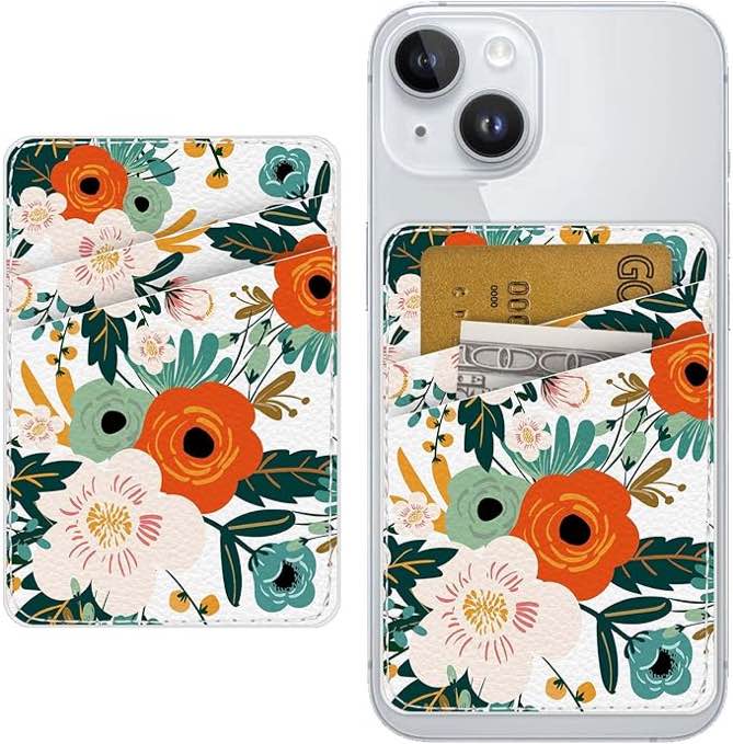 TIHYWR Leather Phone Wallet Stick on ?Card Holder for Phone Case?Credit Card Back Paste Wallet?Suitable for iPhone, Samsung, Android and Most Smart Phones?Red flower