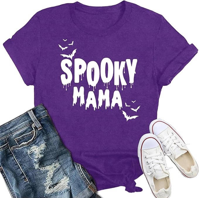 (Medium) IFQ Halloween Shirts for Women Spooky Mama T-Shirt Funny Leopard Cobwebs Crewneck Tee