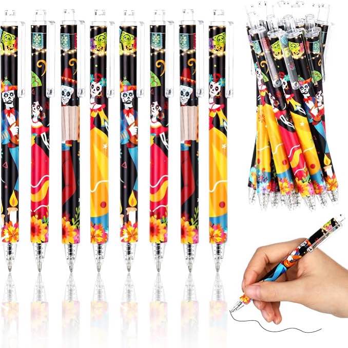 Colarr 36 Pcs Day of the Dead Pens Bulk for Adults Retractable Black Ballpoint Pens Pumpkin Skeleton
