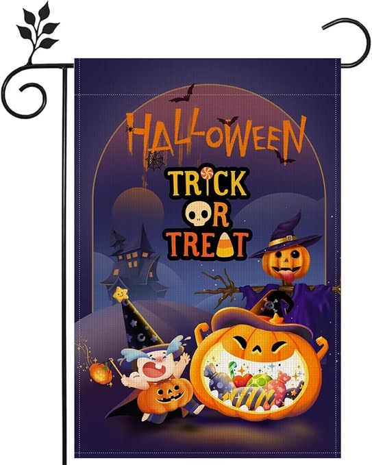 Halloween Trick or Treat Garden Flag Double Sided Outside, Halloween Holiday Yard Outdoor Flag Decor 12 x 18 In