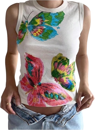Women's Butterfly Graphic Tank Tops Crewneck Sleeveless Slim Fit Y2K Crop Tops 