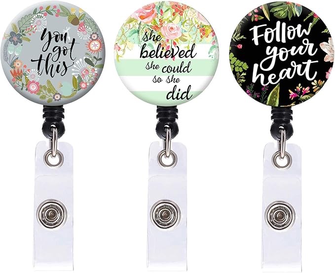 Nurse Badge Reel, Retractable ID Card Badge Holder with Alligator Clip, Name Nurse Decorative Badge Reel Clip on Card Holders, She Believed She Could So She Did, 3 Pack