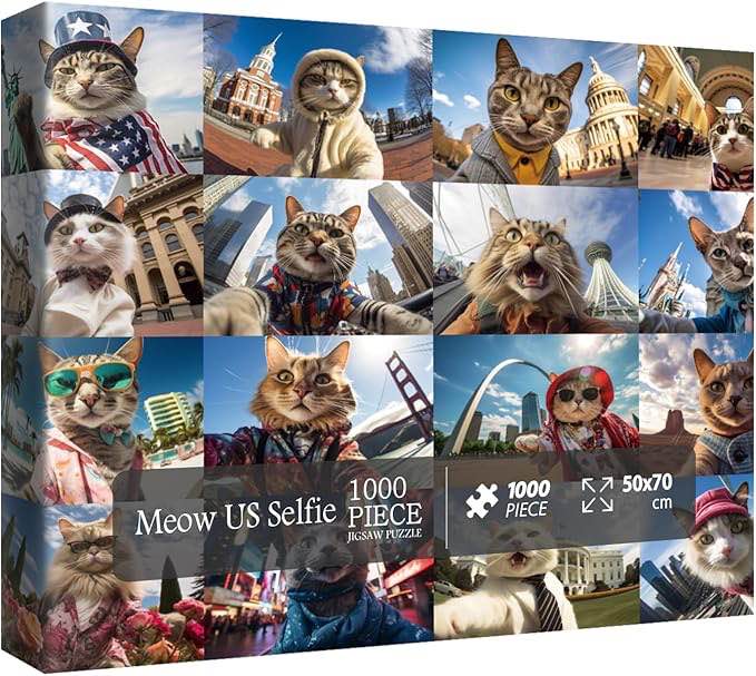Funny Cat Art Puzzles for Adults 1000 Pieces, Nature Travel Kitten US Landmarks Jigsaw Puzzles, Anim