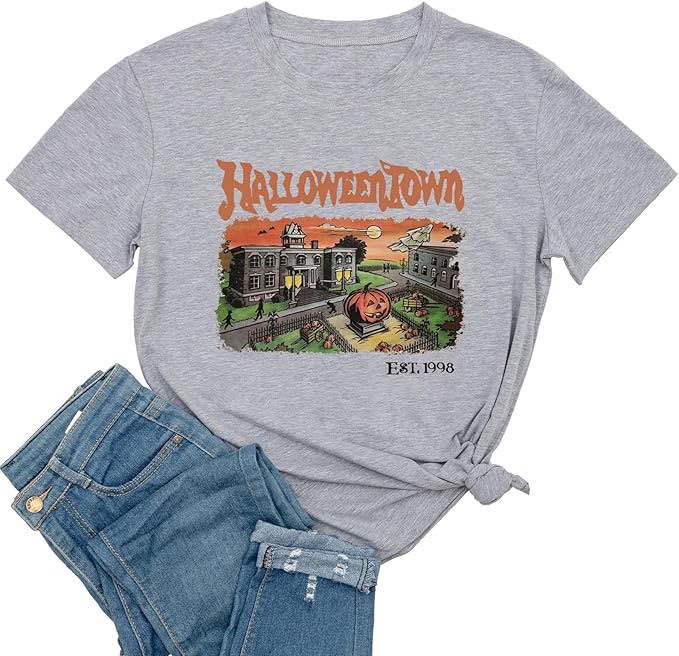 (X-Large) Ykomow Halloween Pumpkin Shirt Womens Funny Halloweentown University Graphic Tees (Grey-2, XL)