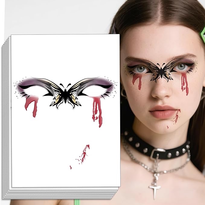8Pcs Halloween Temporary Tattoo, Butterfly Bloody Eyes Tattoos Stickers for Halloween Cosplay Party Scar Tattoo Masquerade Prank Prop Decorations Face Tattoos Sticker for Women Man