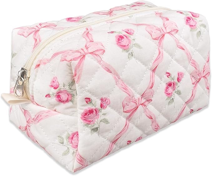 honitty Quilted Makeup Bag,Medium Travel Floral Cosmetic Bag Cute Pouch,Cotton Makeup Brushes Storag