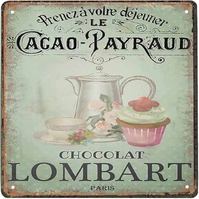 Retro Metal Aluminium Tin Sign French Vintage Pastry Wall Art Tea & Cake - Kitchen Art - Vintage Chocolat Paris Labels Graphics Printable DecorWall Poster Plaque 12x12 Inch