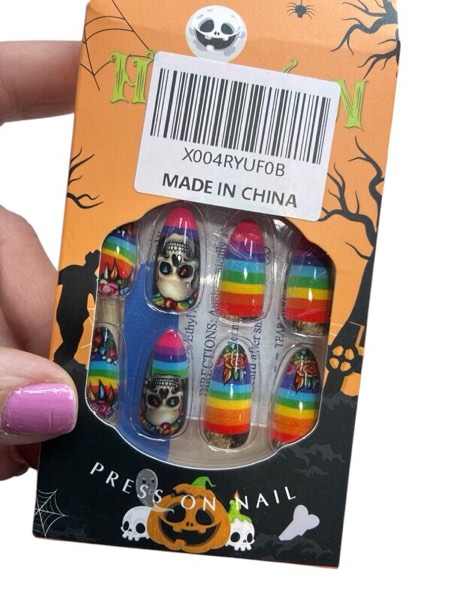 Almond Press on Nails Halloween Medium Length Skulls Fake Nails with Designs Colorful Medium Fall Fake Nails