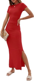 ANRABESS Women’s Summer Short Sleeve Ruched Bodycon Slit Club Evening Party Cocktail — Formal Wedding Guest Long Maxi Dress (Crimson, Large)