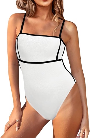 Saodimallsu Womens One Piece Swimsuit Color Block Spaghetti Strap Ribbed Tummy Control Bathing Suits High Cut Swimwear - White