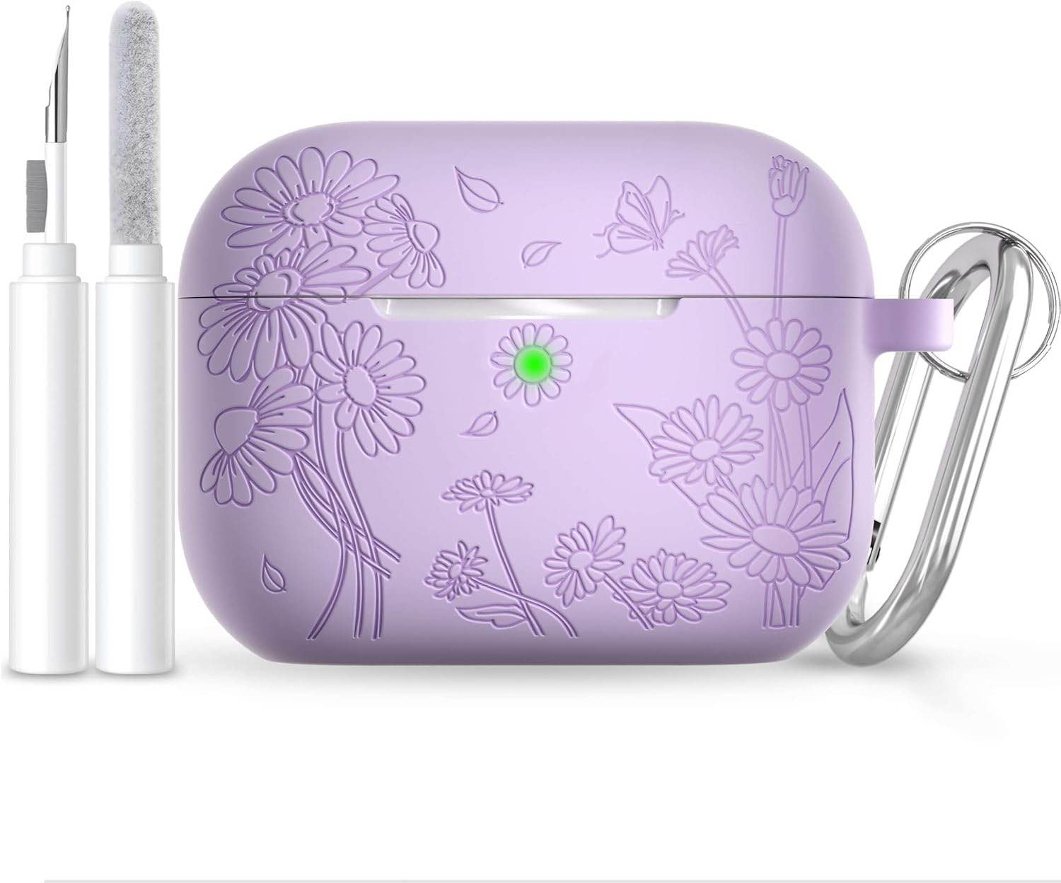 for AirPods Pro 3 Case (2025) DamonLight Daisy Floral Engraved Shockproof Protective Soft Silicone Case Cover with Cleaning Pen and Keychain for Apple Airpods Pro 3rd Generation (Purple) Blue 2025 AirPods Pro 3