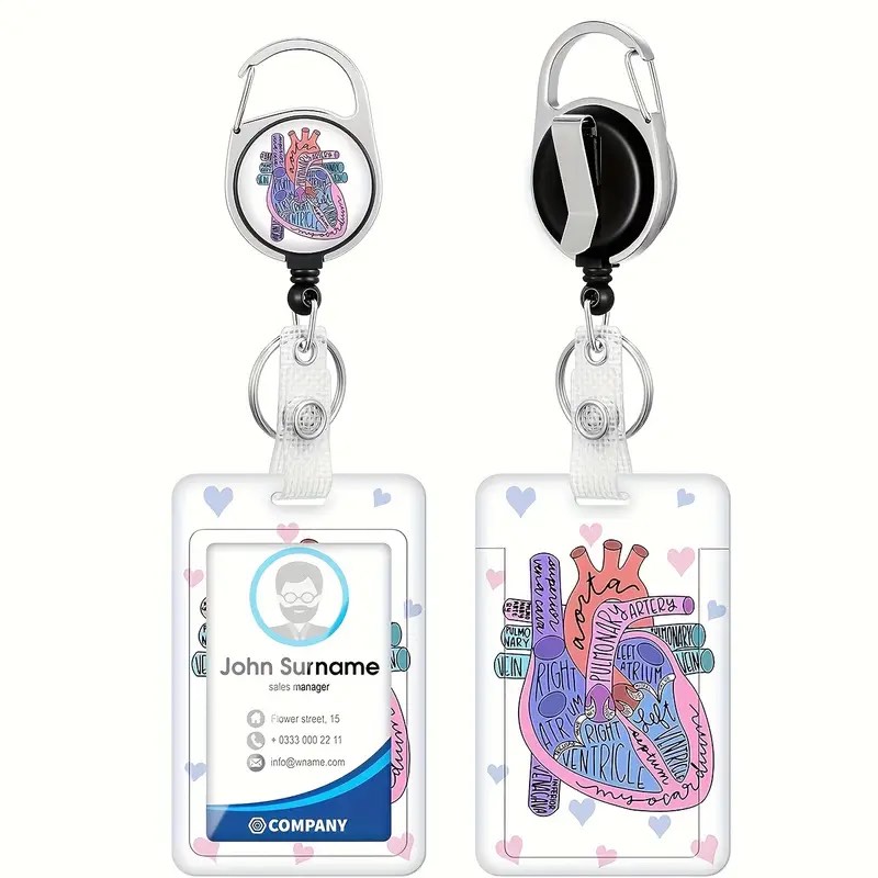 2Pcs Heart Badge Reels with Vertical Clear Plastic ID Card Holders (2.5" x 3.7") Retractable Name Tag ID Clip Holder Nursing Student RN Pediatric Teacher Office Work Accessories