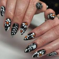 24Pcs Halloween Black Press on Nails, Almond Fake Nails with Ghost&Flowers Designs, Glossy Artificia