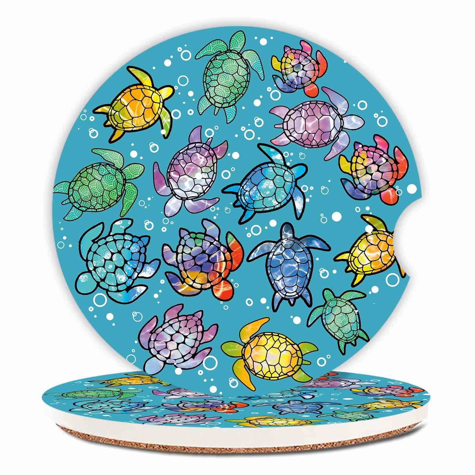 Sea Turtles Ceramic Cup Holders Car Coasters Set for Women/Men,Drink Cup Car Holder Coasters with A Finger Notch 2.56" Pack of 2.