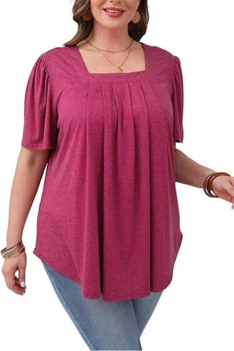 MAFILOP Plus Size T shirt for Women Summer Casual Short Sleeve Square Neck Pleated Loose Fit Flowy TShirt (3XL)