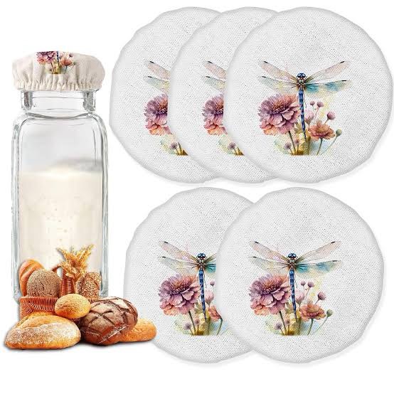 Sourdough Starter Jar Cover, Watercolor Dragonfly Cloth Covers for Sourdough Bread, Reusable Sewn So