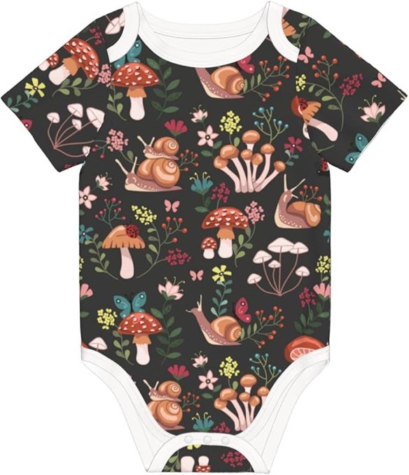 Ykklima Unisex Baby Short Sleeve Cotton Bodysuits - Mushroom Snails Butterfly Flower Pattern, 18 Mon