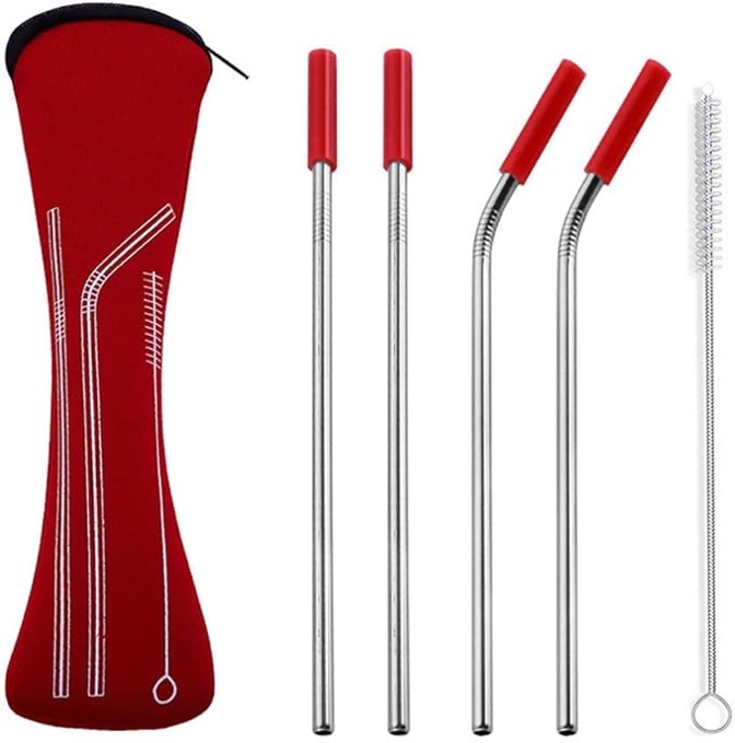 Latest Model Set of 4 Pieces Stainless Steel Straws,Reusable?with Cleaning Brush and Zipper Pouch Bag, 18/8, Red