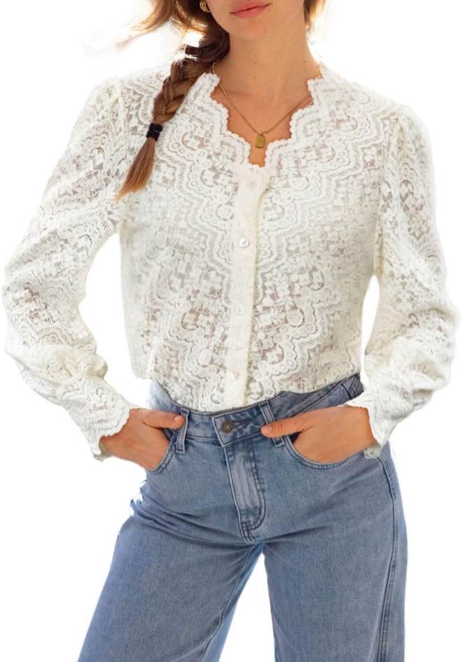 LUXVEER Lace Tops for Women Dressy Casual Blouses Puff Long Sleeve V Neck Button Down Business Work Shirts