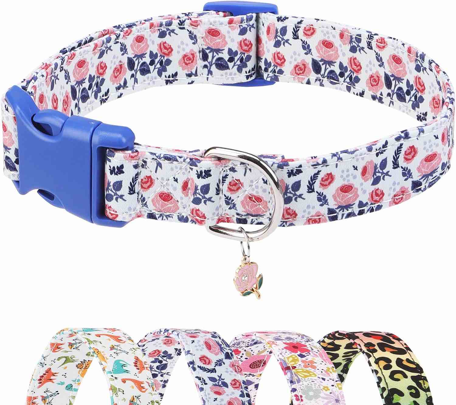 DILLYBUD Cotton Small Dog Collar with Pendant, Cute Puppy Collars for Small Medium Large Dogs, Soft Adjustable Pet Collar with Safety Buckle for Girl Female Boy Dogs, Flower Pattern S