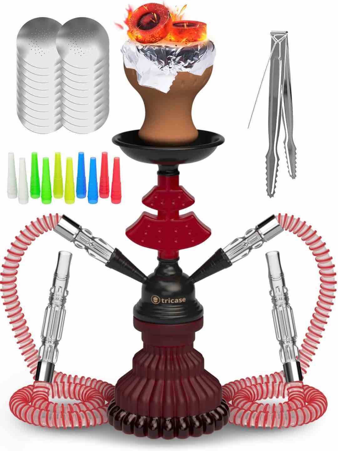Black and Red Hookah Set 2 Hose Hookah – LilOne 12” Hookah Red and Black Mini Hookah Combo Kit with Prepunched Foil Hookas Bowl Disposable Tips Mouthpiece Tongs Portable Hooka Pipe - Hooka Machines