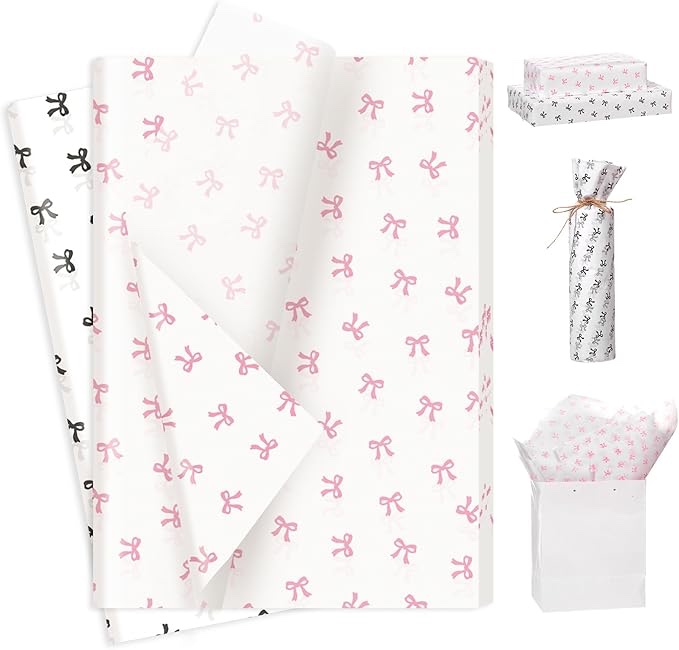 Pineraap 100 Sheets Black Bow Tissue Paper, Cute Bowknot Printed Gift Wrap Tissue Paper Decorative Art Paper for Gift Packing Birthday Baby Shower Wedding Party DIY Crafts, 14 x 20 Inch