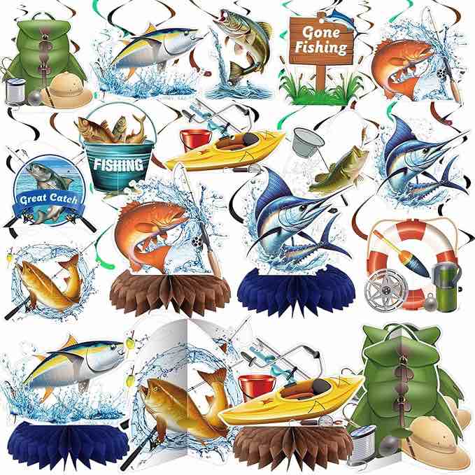 Fullhawl 60 Pcs Gone Fishing Party Decorations Gone Fishing Table Honeycomb Centerpieces Fish Banner Garland Hanging Swirl Fish Paper Cutouts Signs Fisherman Theme Party Supplies for Birthday Decor