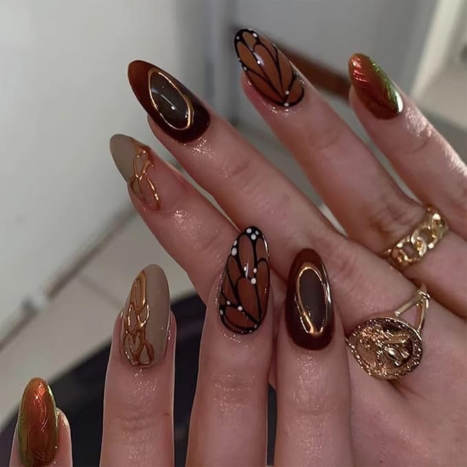Almond Press On Nails - Medium Fall False Nails with 3D Gold Line Designs, Glossy Acrylic Finish - 24PCS
