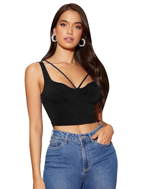 Milumia Women's Sexy Ribbed Knit Backless Strap Sleeveless Solid Crop Tank Tops - Large