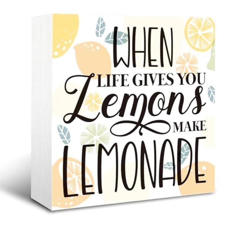 When Life Gives You Lemons Wood Box Sign Decor, Summer Wood Block Tiered Tray Box Sign for Farmhouse Home Bedroom Shelf Table Decor, 5 x 5 Inches
