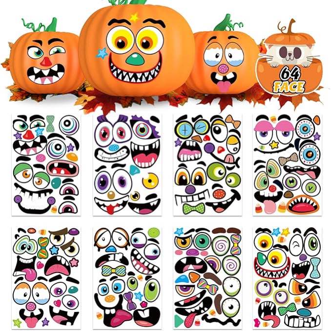 64 Pack Halloween Pumpkin Face Stickers for Kids Toddlers - Large Decorating Craft Stickers to Make Jack-O-Lantern Face Decals for Pumpkins and Squashes