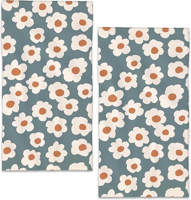 BIGXIUKA Boho Groovy Flowers Hand Towels Vintage White Daisy Bath Towel Set of 2 Soft Kitchen Dish T