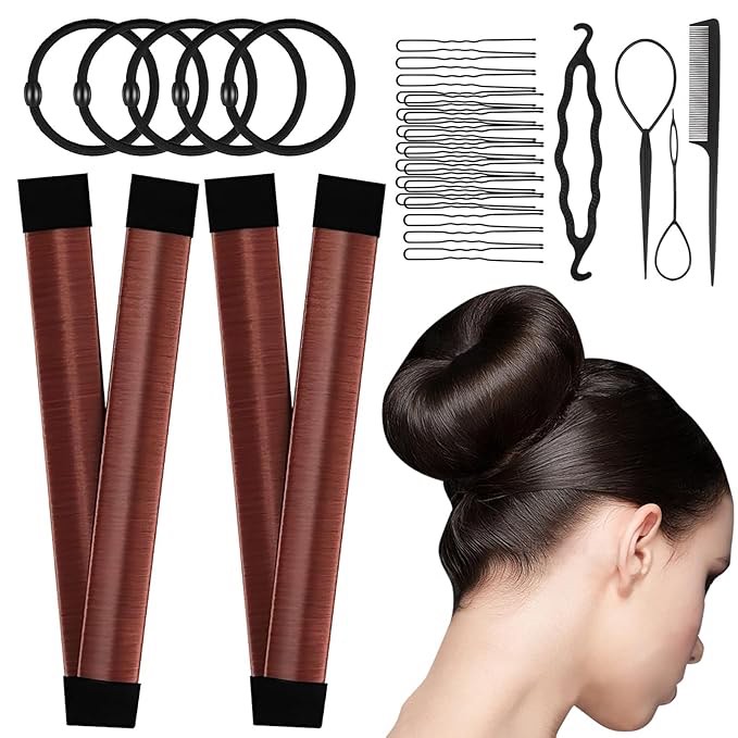 Magic Hair Bun Maker Donut 2 PCS - French Twist Hair Styling Tool Snap Roll, Hair Bun Accessories with 4 Pony hair tools, 5 Elastic Bands and 20 Hair Bobby Pins for Women Girls Kids (Reddish Brown)