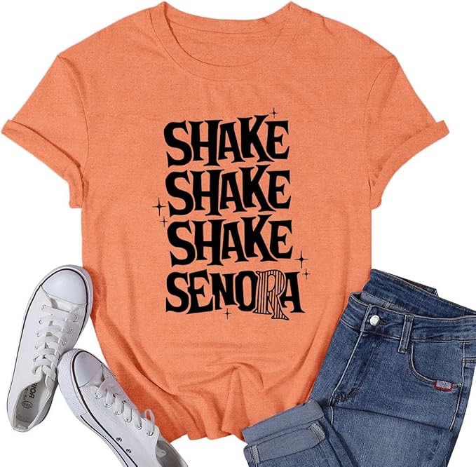 VQD Womens Halloween Shirt Shake Shake Shake Senora T-Shirts Fall Autumn Bartender Tee Tops Orange