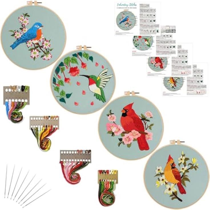 Louise Maelys 4 Sets Bird Embroidery Kits for Beginners,Cross Stitch Kit for Adults,DIY Needlepoint