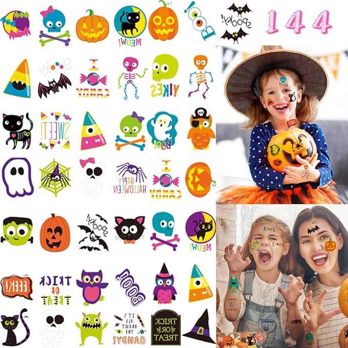 AWHETIE 144 PCS Halloween Tattoos for Kids,2 Inch Halloween Temporary Tattoos,Halloween Party Favors