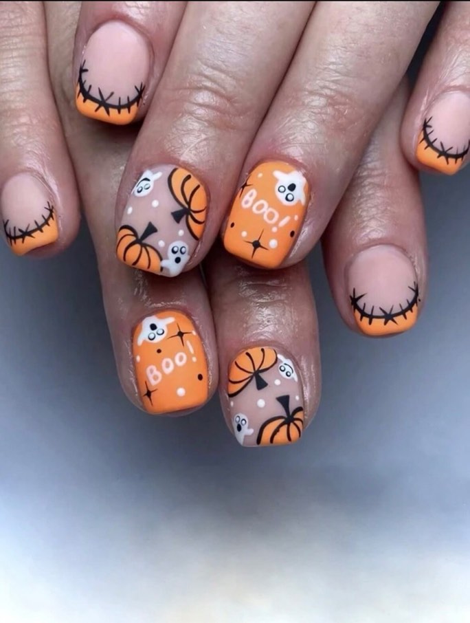 Halloween Press on Nails Square Fake Nails with Cartoon Little Ghost & Pumpkin False Nails Designs O
