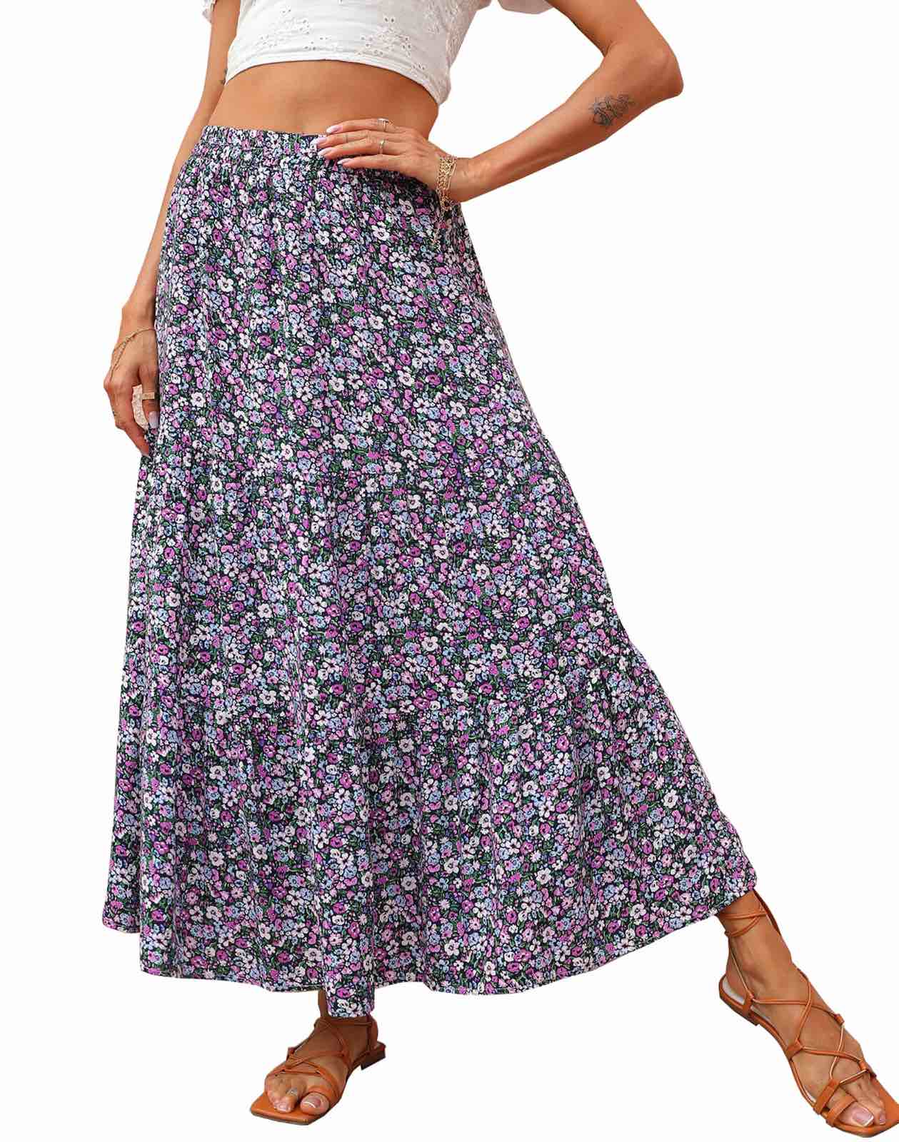 Women's Flower Satin Long Skirt Elastic High Waisted Silk Long Skirts 2025