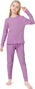 (Size M) VZV Thermal Underwear for Kids Girls Thermal Underwear Set Waffle Long Johns Cotton Kids Base Layer 