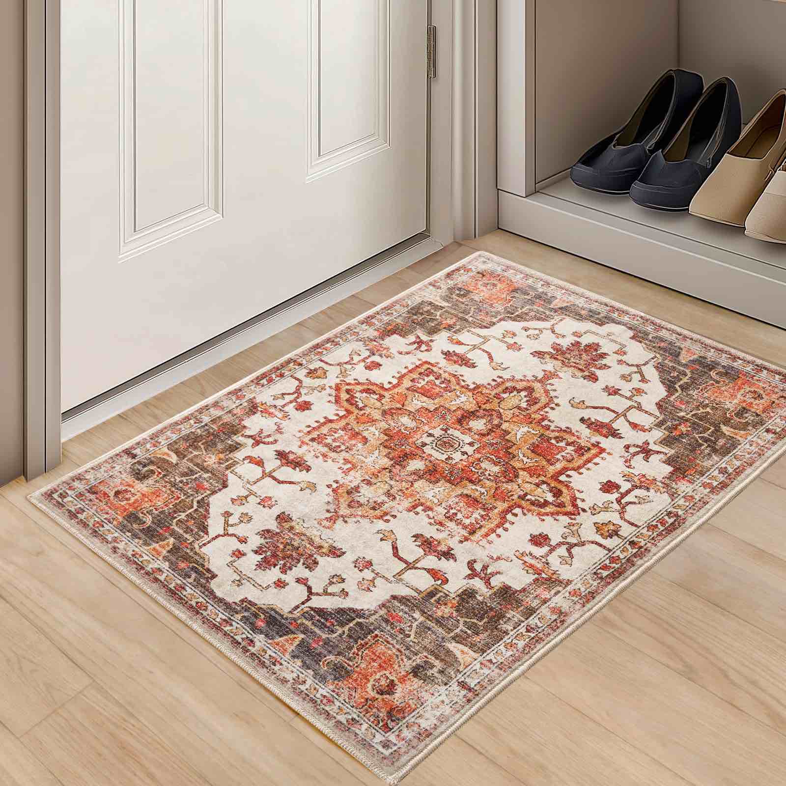 Puremy 2x3 Entryway Rug Washable Door Mat Vintage Boho Entrance Area Rug, Non Slip Low Pile Floral P