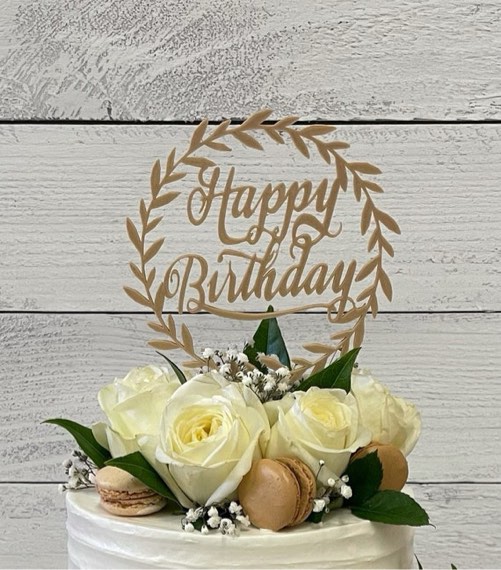 Happy Birthday Cake Topper in Wood with Green Leaves Design Birthday Cake Decoration