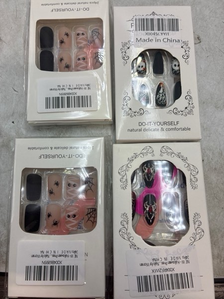 Assorted Nails for Halloween with Spider Web Mummy Designs - Black Glue on Cute Glue Stick Matte Acrylic Full Cover False Nails