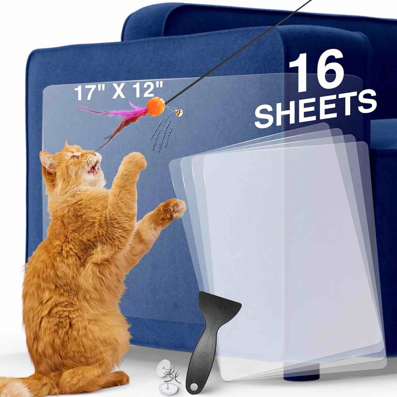 BlueDots Anti Cat Scratch Furniture Protector and Couch Corner Guard, Clear Deterrent Tape, Pet-Safe, Residue-Free, Durable for Cats on Leather & Fabric, 16 XL Sheets with 65 Pins & Toy