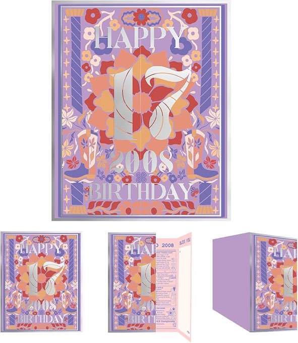 qiqee 2025 17th Birthday Greeting Card, Jumbo Purple 17 Years Old Birthday Gift Card,Memory Back In