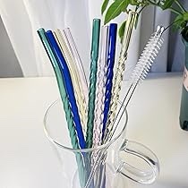 YUTRENN Reusable Glass Straws Colorful Twist Shape Sets of 8 with 4 Bent and 4 Straight Straws & 2 C