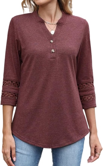 (Medium) CiCiBird Womens 3/4 Sleeve Blouses Casual Button V Neck Shirt 2025 Trendy Tops WineRed M