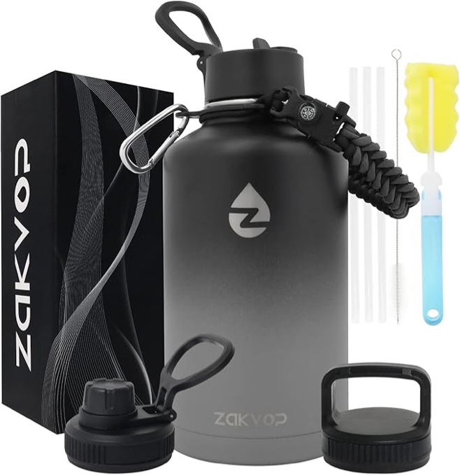 ZAKVOP 64 oz Insulated Water Bottle with Straws&3 Lids, ZAKVOP Half Gallon Water Bottle Stainless St